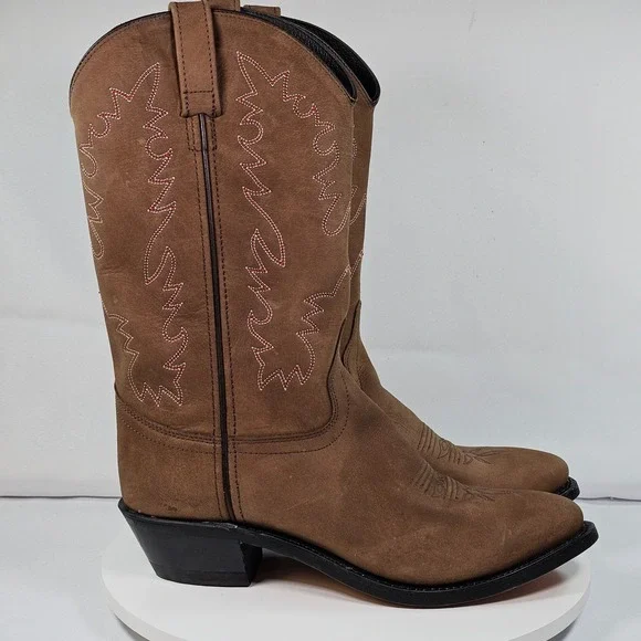 Western Cowboy Boots Women Brown Suede Pink Stitching Heel Round Toe New - Picture 8 of 8